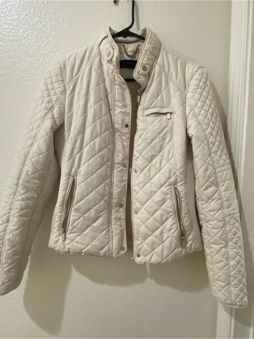 Zara Quilted Cream Women's Jacket with Stand Collar Sz M
